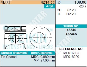 TEIKIN Поршень двигателя teikin 43244 std 4шт/упак 43244STD