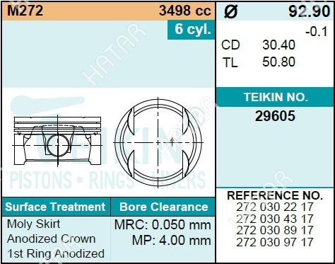 TEIKIN Поршень двигателя teikin 29605 std 6шт/упак 29605STD